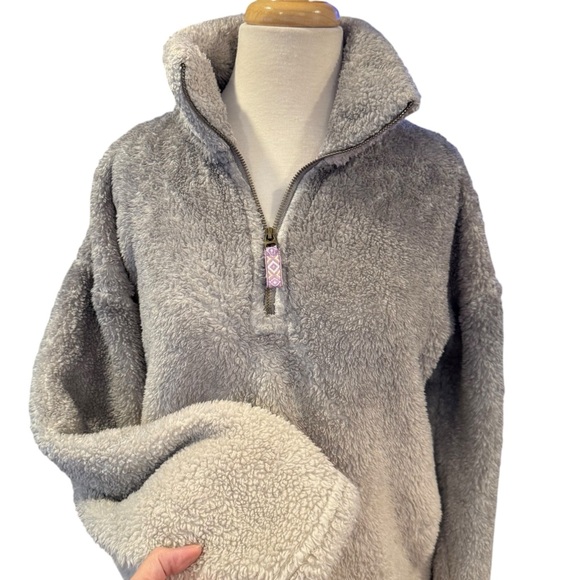Simply Southern Sherpa Fleece Quarter Zip Pullover Ombre Gray Beige Large - Picture 4 of 10